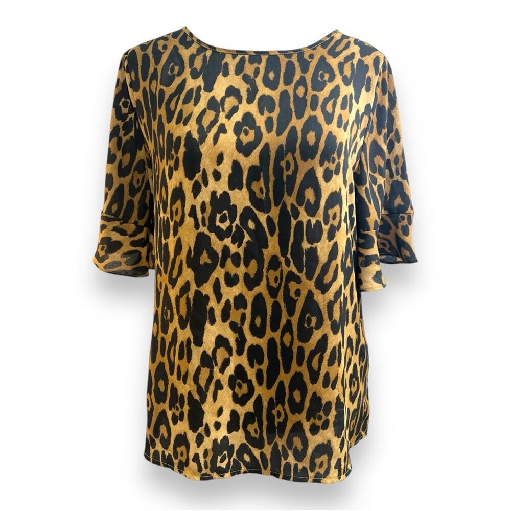 THE LIMITED CHEETAH RUFFLE SHORT SLEEVE TOP SZ MED